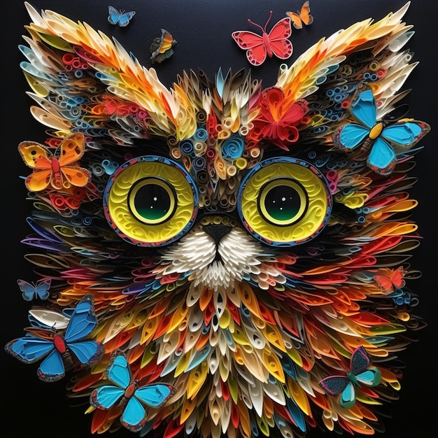 un primo piano di un gatto fatto di piume colorate e farfalle generative ai