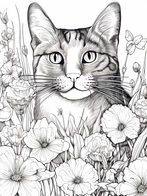 un primo piano di un gatto in un campo di fiori generativo ai