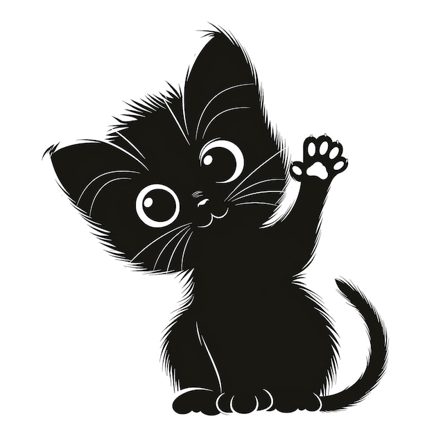 Un primo piano di un gatto nero con una zampa in su Pagina da colorare per bambini