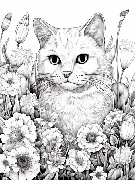 un primo piano di un gatto seduto in un giardino di fiori generativo ai