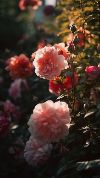 Un primo piano di un giardino fiorito con un fiore rosa