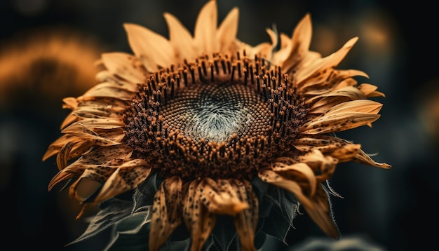 Un primo piano di un girasole con uno sfondo scuro