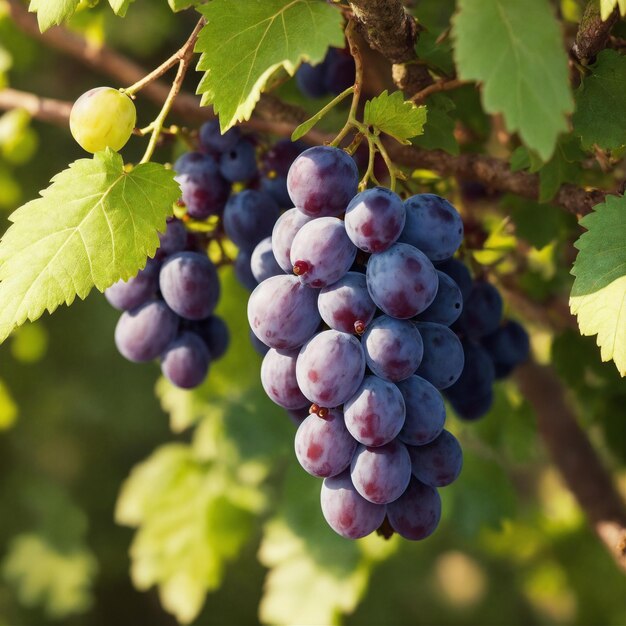 un primo piano di un grappolo d'uva appeso a un albero