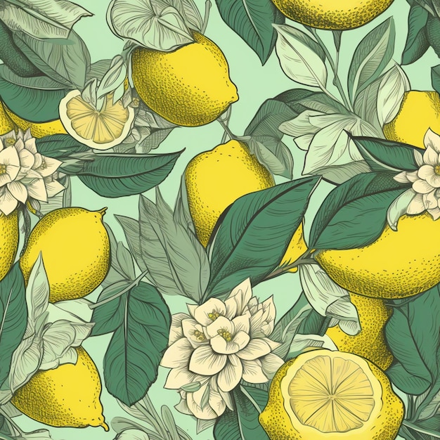 Un primo piano di un grappolo di limoni con foglie e fiori generativi ai