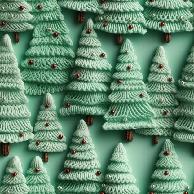 un primo piano di un gruppo di alberi di Natale su una superficie verde ai generativa