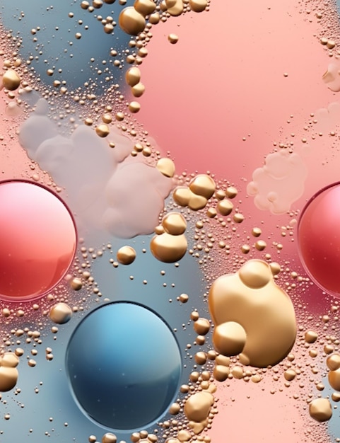 un primo piano di un gruppo di bolle su una superficie rosa e blu generativa ai