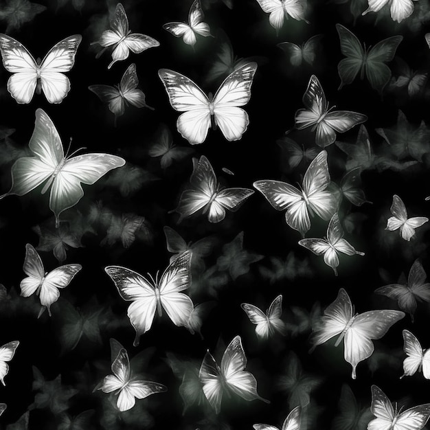 un primo piano di un gruppo di farfalle bianche che volano nell'aria generativa ai
