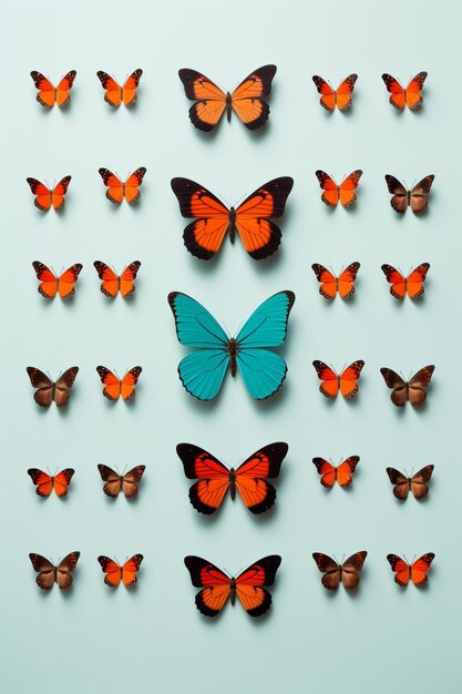 un primo piano di un gruppo di farfalle su una superficie blu generativa ai