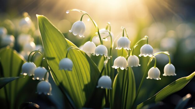 Un primo piano di un gruppo di fiori bianchi giglio della valle primavera su sfondo primaverile all'aperto