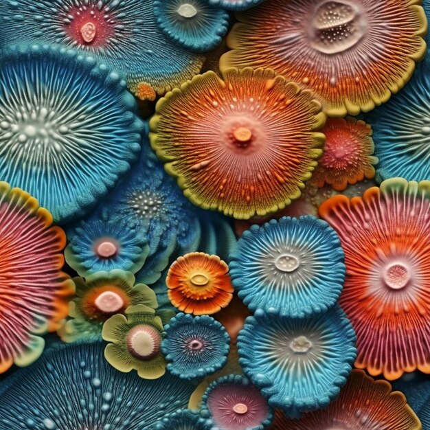 un primo piano di un gruppo di funghi colorati su un tavolo generativo ai