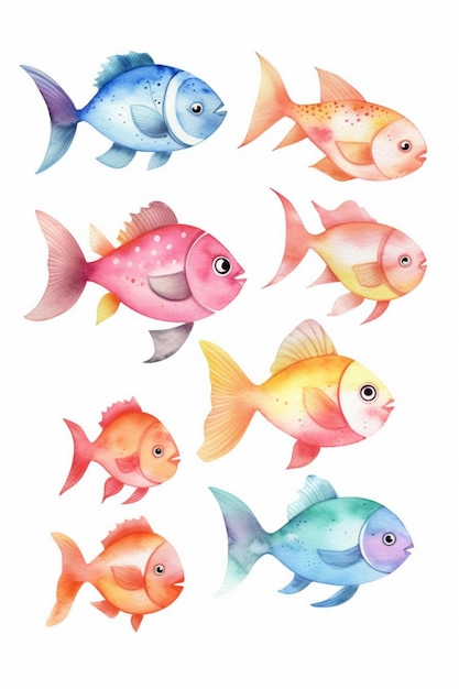 Un primo piano di un gruppo di pesci con diversi colori generativi ai