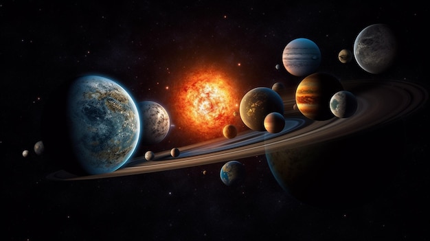 Un primo piano di un gruppo di pianeti nel cielo generativo ai