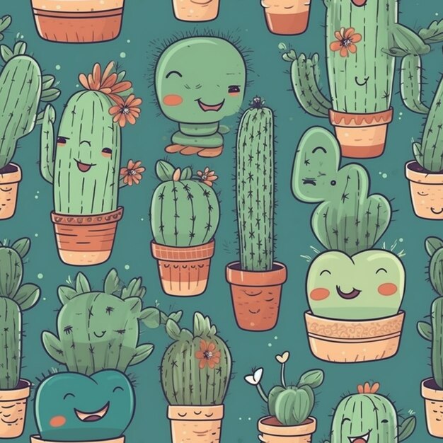 Un primo piano di un gruppo di piante di cactus con facce generative ai