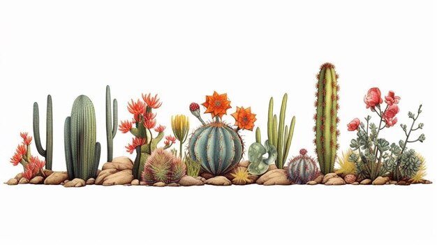 un primo piano di un gruppo di piante di cactus su uno sfondo bianco ai generativa