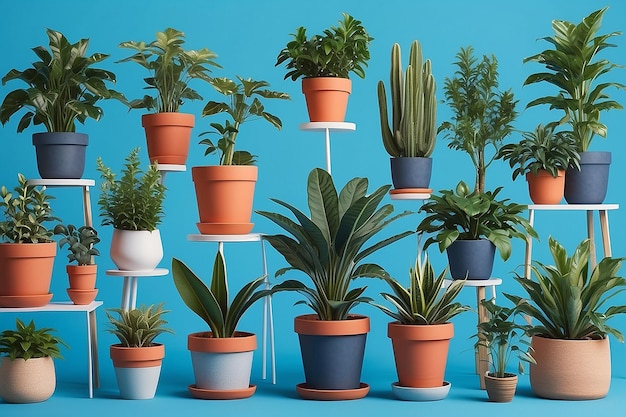 Un primo piano di un gruppo di piante in vaso su uno sfondo blu generativo ai
