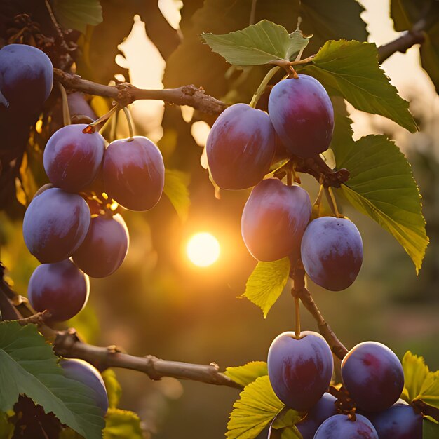 un primo piano di un gruppo di prugne viola su un albero