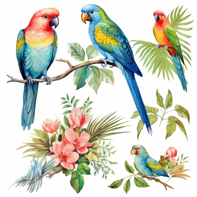 Un primo piano di un gruppo di uccelli su un ramo con fiori ai generativo