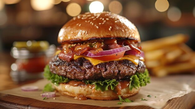 Un primo piano di un hamburger gourmet accatastato di condimenti e servito su un panino di brioche tostato