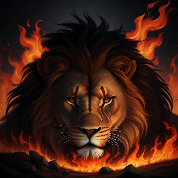 un primo piano di un leone con un fuoco e fiamme intorno ad esso stazione d'arte trending