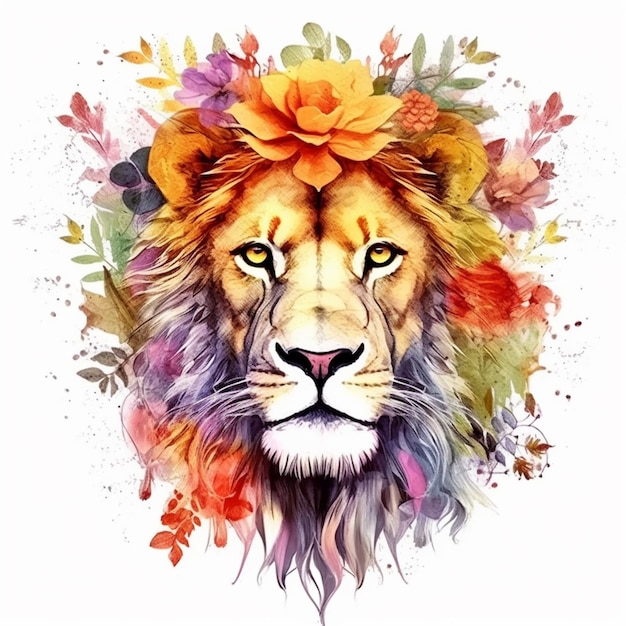 Un primo piano di un leone con una corona di fiori sulla testa generativo ai