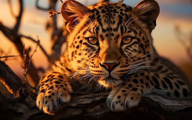 Un primo piano di un leopardo su un ramo di un albero AI