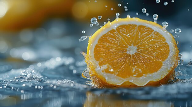 un primo piano di un limone con l'acqua spruzzata su di esso