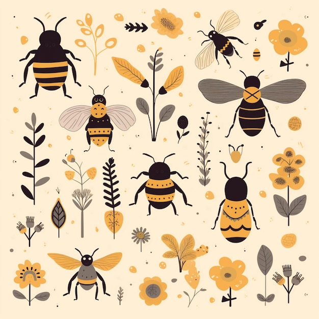 Un primo piano di un mazzo di api e fiori ai generativo