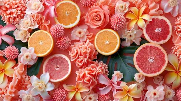 Un primo piano di un mazzo di arance e fiori in cima ai