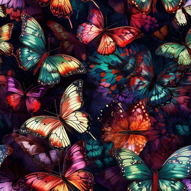 un primo piano di un mazzo di farfalle colorate su sfondo nero ai generativa