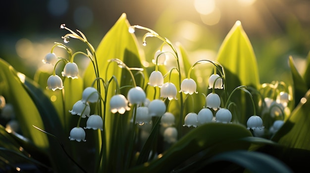 Un primo piano di un mazzo di fiori al sole giglio della valle primavera su sfondo primaverile all'aperto