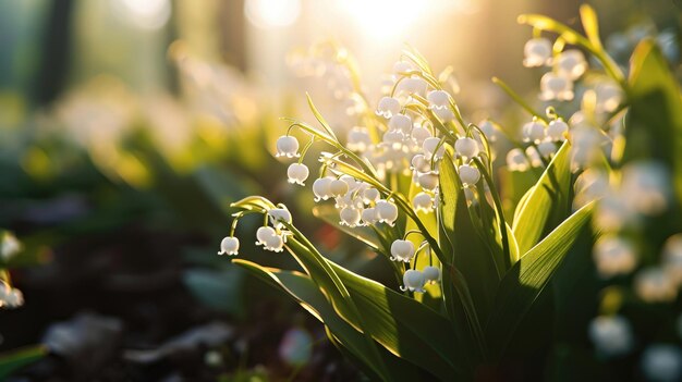 Un primo piano di un mazzo di fiori al sole giglio della valle primavera su sfondo primaverile all'aperto