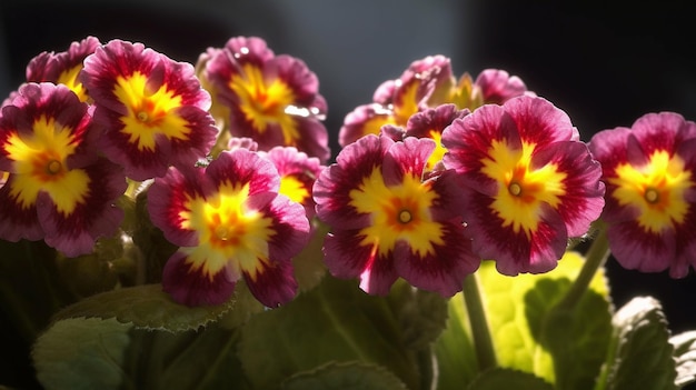 Un primo piano di un mazzo di fiori con la parola primula sul fondo