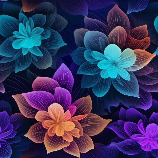 Un primo piano di un mazzo di fiori con petali viola e blu ai generativi