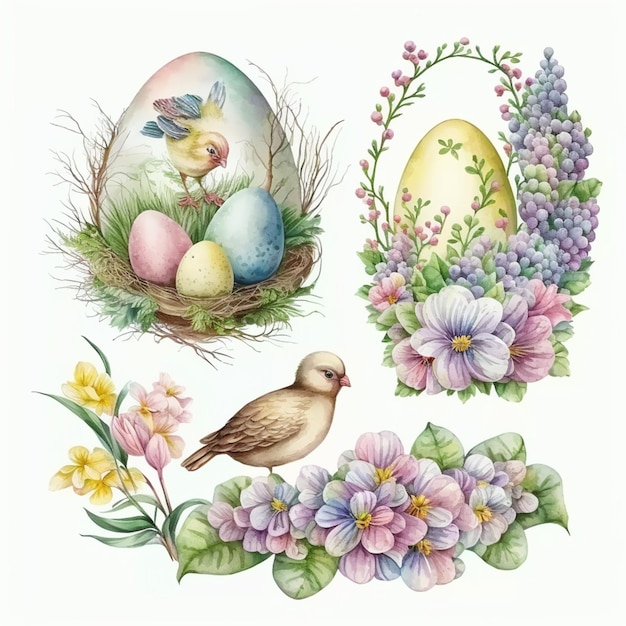 Un primo piano di un mazzo di fiori e uccelli con uova generative ai
