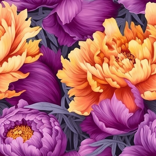 Un primo piano di un mazzo di fiori viola e arancioni ai generativi