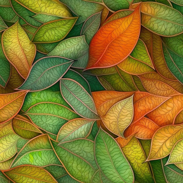 un primo piano di un mazzo di foglie con colori diversi ai generativi