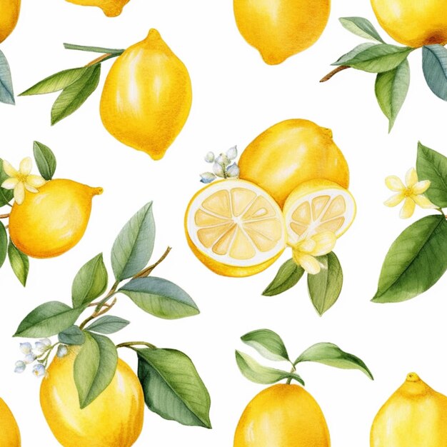 un primo piano di un mazzo di limoni con foglie e fiori ai generativi