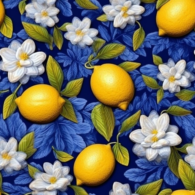 Un primo piano di un mazzo di limoni e fiori su uno sfondo blu ai generativo