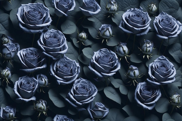Un primo piano di un mazzo di rose blu scuro