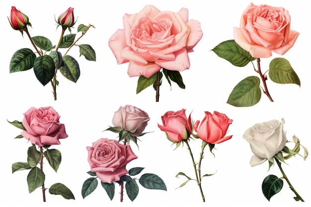 Un primo piano di un mazzo di rose rosa con foglie verdi generative ai