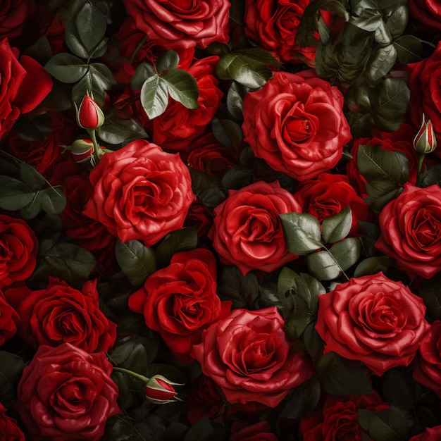 un primo piano di un mazzo di rose rosse con foglie verdi ai generative