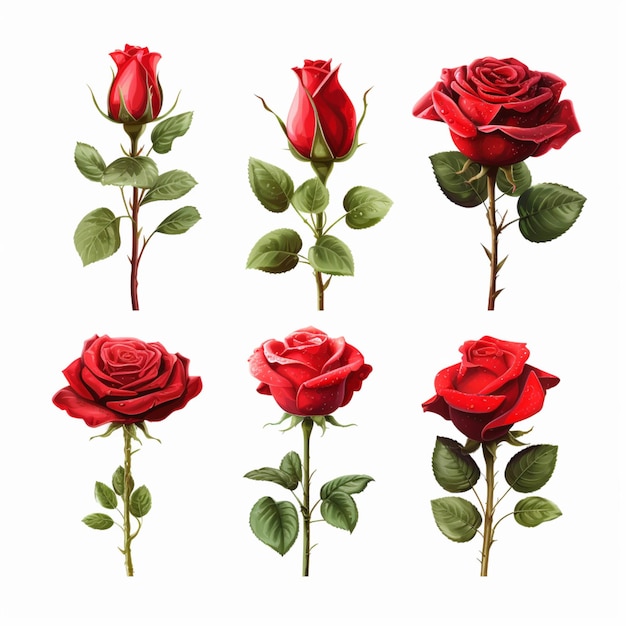 Un primo piano di un mazzo di rose rosse con foglie verdi generative ai