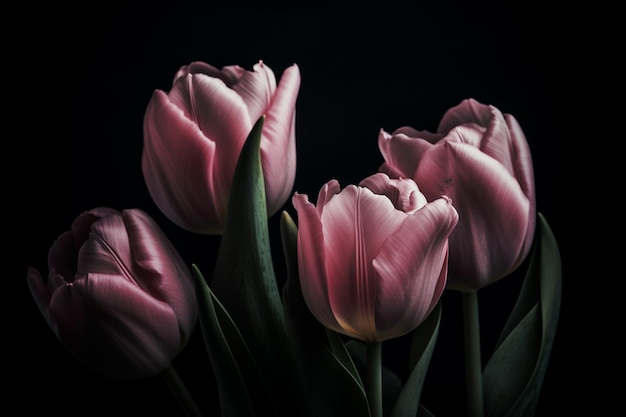 Un primo piano di un mazzo di tulipani rosa con la parola tulipani in basso a destra.