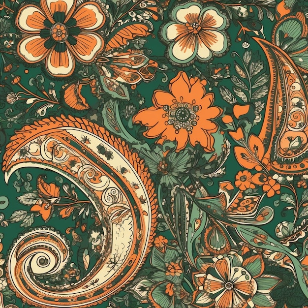 un primo piano di un modello di paisley con fiori arancioni e foglie verdi generativo ai