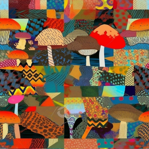 Un primo piano di un modello di patchwork con molti funghi generativi di diversi colori ai
