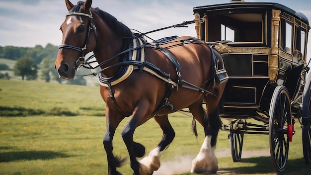 Un primo piano di un modello di un cavallo e una carrozza generativa ai