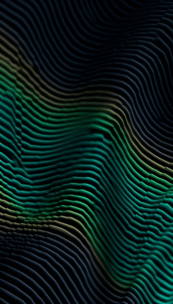 Un primo piano di un modello ondulato verde e nero su una superficie nera generativa ai