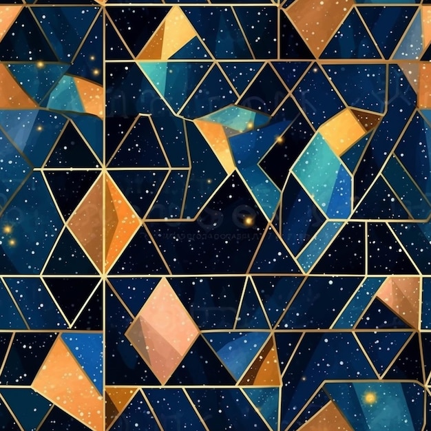 Un primo piano di un mosaico blu e arancione con stelle generative ai