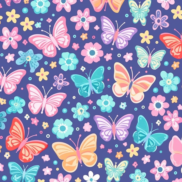 Un primo piano di un motivo a farfalla colorata su uno sfondo blu ai generativo