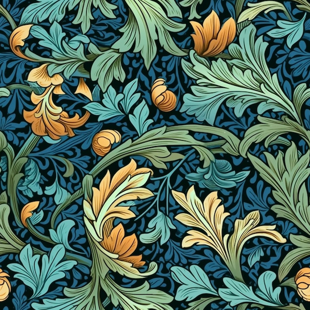 un primo piano di un motivo di foglie e fiori su sfondo blu ai generativa